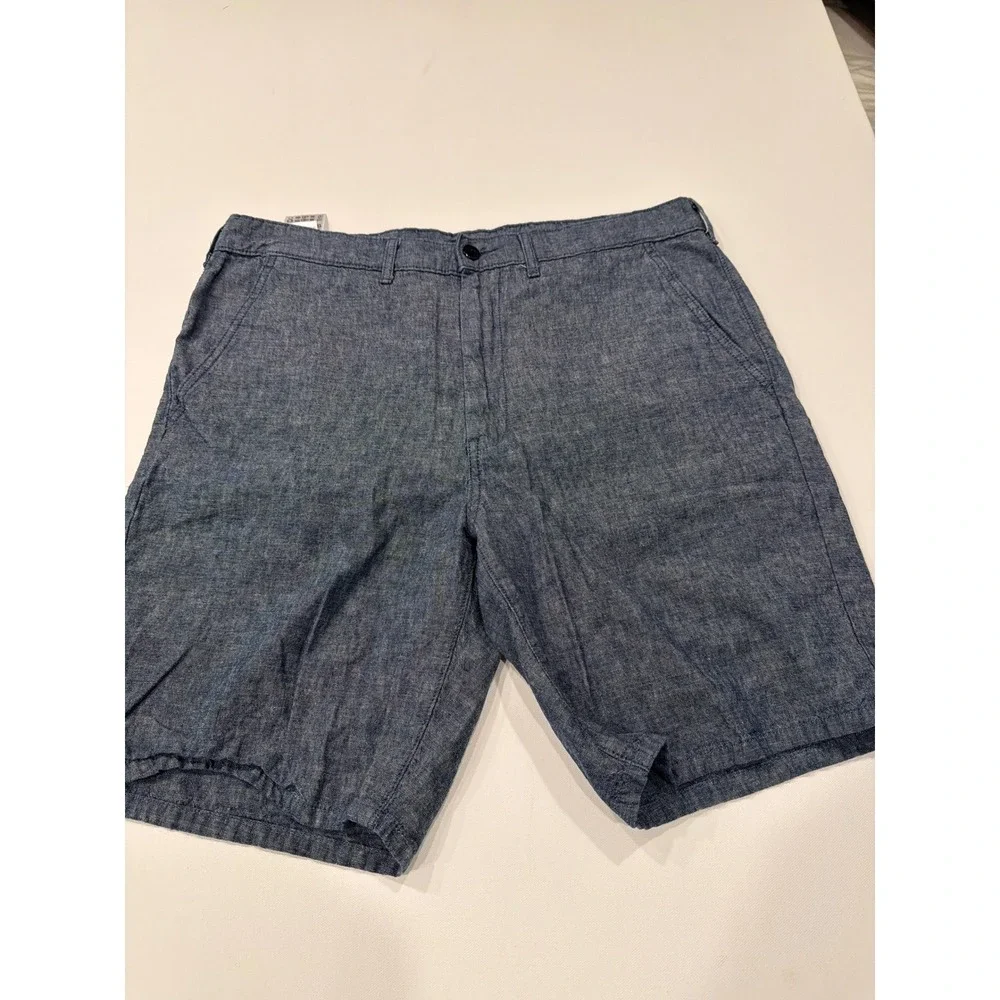 Levis Mens Blue Cotton Linen Blend Chambray Shorts Size 36 Flat Front Casual